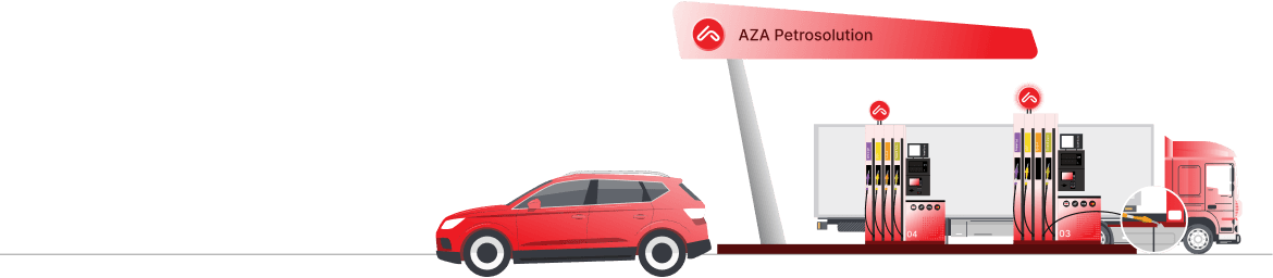 AZA Petrosolution gas station with car, fuel pumps and truck